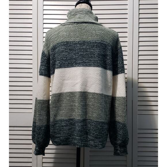 Zenana Knit Turtleneck Sweater Women's XL Green Cream Striped Balloon Sleeve - Picture 5 of 10